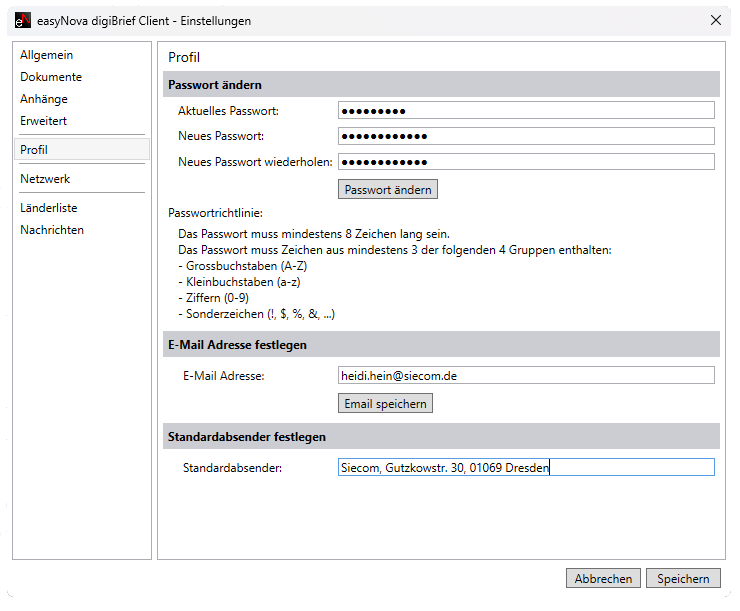 Passwort vergessen easyNova Client