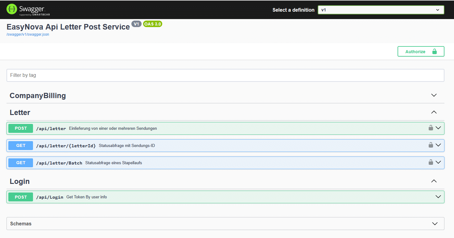 easyNova Letter-API (Swagger/OpenAPI 3.0): Endpunkte zum Einliefern und zur Statusabfrage von Briefsendungen