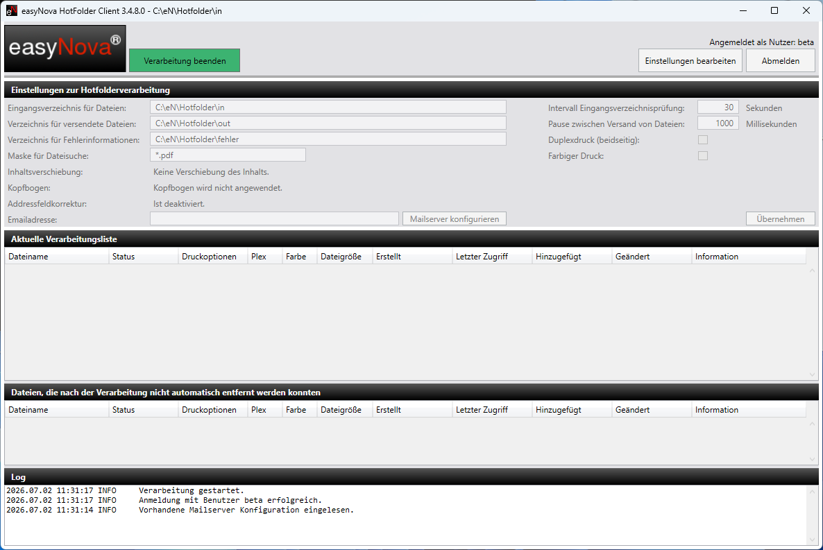 easyNova HotFolder Client: überwachtes Eingangsverzeichnis, Dateimaske *.pdf, Prüf-Intervall und Verarbeitungsliste