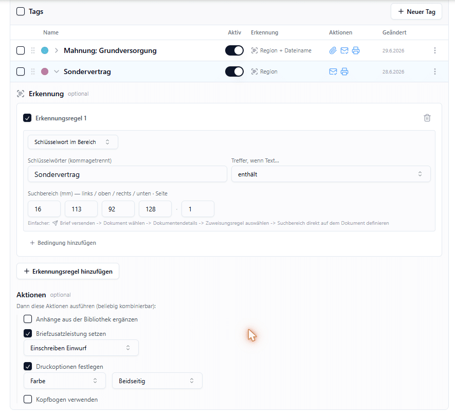 easyNova Web-Client: Tag-Regel mit Erkennung (Schlüsselwort im Bereich, Suchbereich in mm) und Aktionen wie Einschreiben und Druckoptionen
